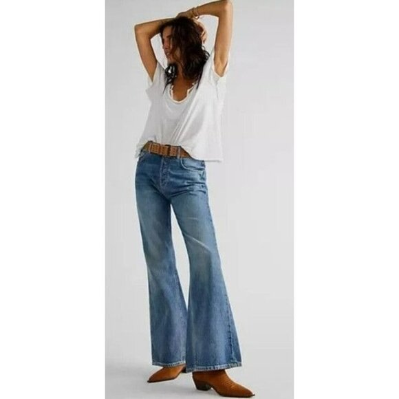 Free People Flare Jeans Dark Wash Fall Inseam 32 Long Extra Tall New Dawn - Picture 1 of 7